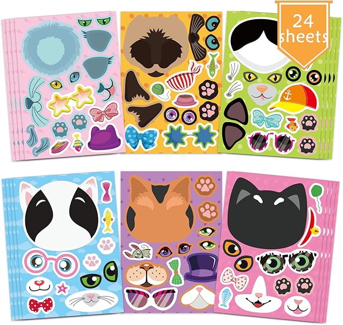 24 sheets cats make a face stickers make you own cats stickers animal sticker for kids, birthday gift party favors supplies teacher art craft, games school activity reward