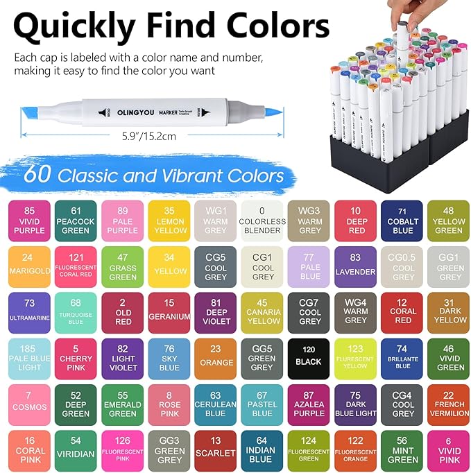 alcohol markers brush tip, 60 Colors Brush & Chisel Permanent Alcohol Markers Set, Dual Tip Art Markers Set for Adult Coloring Book