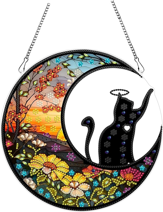 hyzsj DIY Hanging Diamond Art Pendant Painting Kit Moon,Acrylic 5D Painting Window Pendants Cat, Special Crystal Gem Craft Painting Kit Ornament 9.4x9.4inch