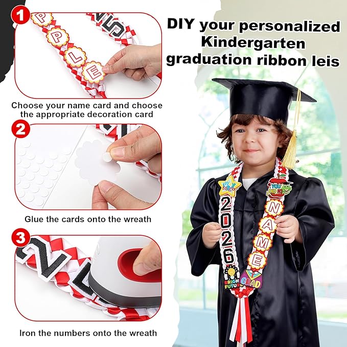 Juexica Kindergarten Graduation Ribbon Leis Class of 2026 Braided Necklace Making Kit with Alphabetic Decorative Cards Preschool Kids Grad Graduation Party Gifts(Red, White)