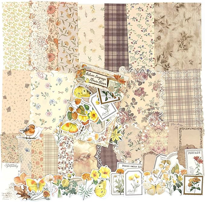 OKUPAN Scrapbook Supplies Kit – 100Pcs Vintage Floral Scrapbook Paper & Junk Journal Stickers, Journaling Supplies for Bullet Journaling, Retro Crafts, Mixed Media, Planner, Collage Card Album(Yellow)