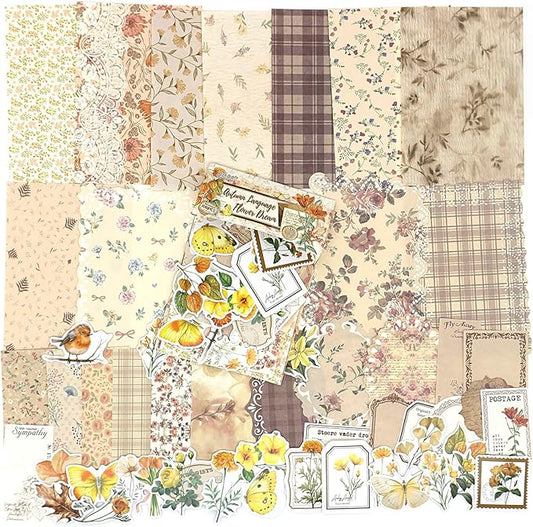 OKUPAN Scrapbook Supplies Kit – 100Pcs Vintage Floral Scrapbook Paper & Junk Journal Stickers, Journaling Supplies for Bullet Journaling, Retro Crafts, Mixed Media, Planner, Collage Card Album(Yellow)