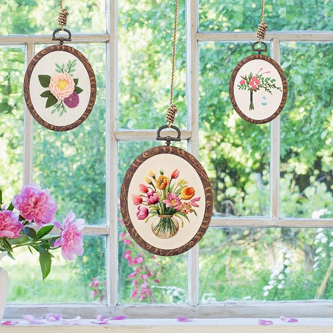 4 pcs embroidery hoops set-decorative cross stitch hoop ring imitated wood display frame-oval hand embroidery kits for art craft sewing (4 different size)