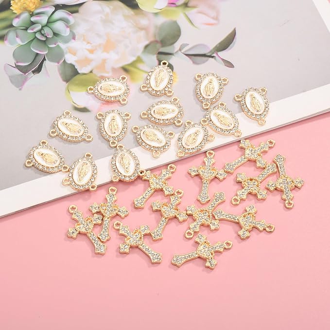 Jiali Q 20 Piece Set Rhinestone Cross Connectors and Pendants for Jewelry Making (Gold Our Lady of Grace)