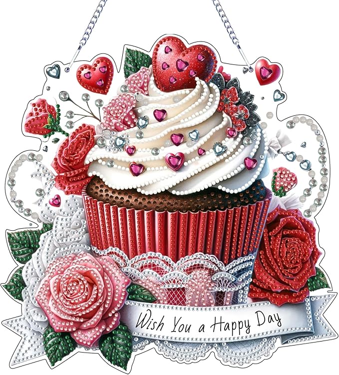 VODAPYC Valentine's Day Diamond Art Hanging Kits for Adults, DIY Double Sided Special Shaped Diamonds Art Window Pendant Ornament for Home Decor(Rose Ice Cream)
