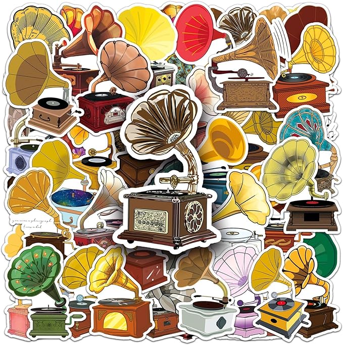 Retro Phonograph Stickers for Scrapbooking,50 Pcs Vintage Phonograph Decals, Waterproof Vinyl Stickers for Journals, Laptops, Home Decor, Ideal for Music Lovers Adults
