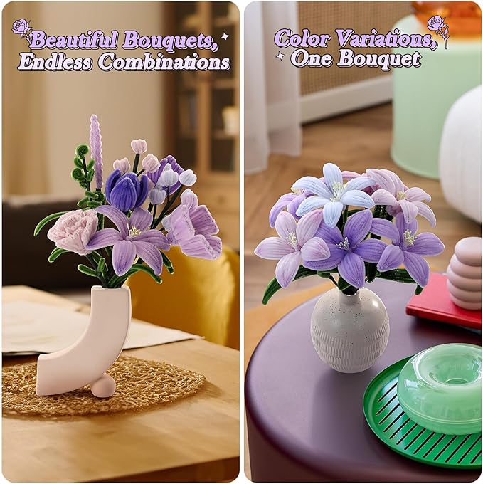 Funtopia Pipe Cleaner Flowers, 540 Pcs Pipe Cleaners Craft Bulk, Pipe Cleaner Flower Kit with Instruction, Chenille Stems for Flower Making, DIY Bouquets and Party Decorations (Purple, 12in x 7mm)