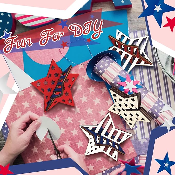 Huwena 36 Pcs Patriotic Crafts Set 24 Wood Stars for Crafts 4th of July 3D Star Cutouts with 12 Colored Pens Memorial Day Unfinished Wooden Slices to Paint for Independence Day Tiered Tray Decor