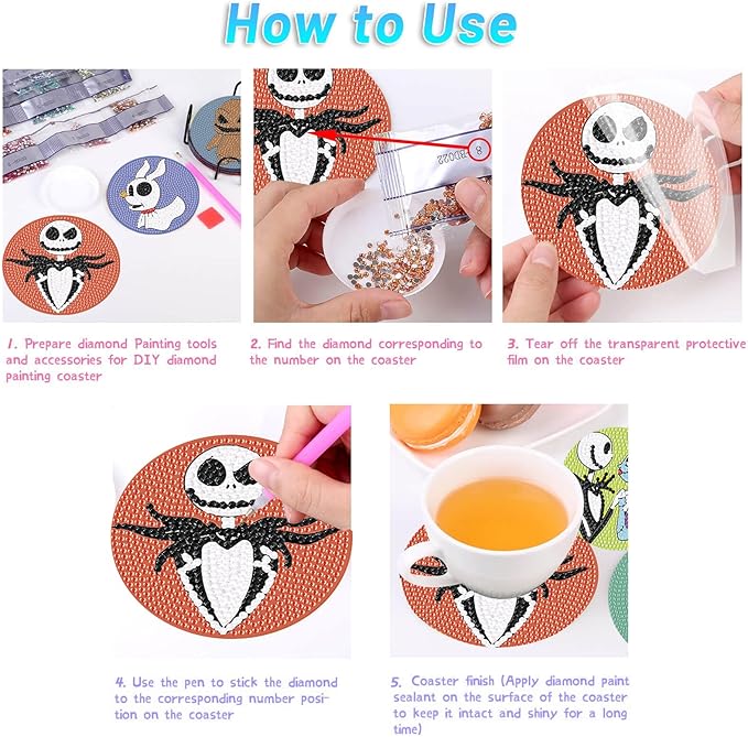 8Pcs Diamond Painting Coasters with Holder,DIY Halloween Life Coaster Diamond Art Kits for Adults, Full Drill Rhinestone Painting Kits for Adults & Kids,Beginners Art Craft Supplies