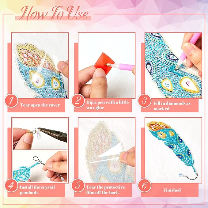 Henoyso 6 Pcs Diamond Painting Bookmarks Kits DIY 5d Feather Bookmark Rhinestone DIY Bookmarks Crystal Diamond Art Acrylic for Crafts Gifts Adult Arts Supply