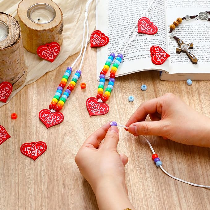 Ferreve 24 Sets Easter Christian Beaded Necklace Crafts Kit DIY Jesus Loves Me Heart Bead Craft Bible Religious Necklace Making Kit Bulk for Sunday School VBS Gifts Making
