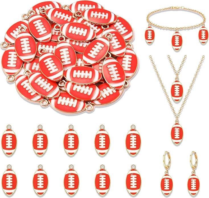 NVENF 30PCS Football Charms for Jewelry Making, Enamel Football Charms for Bracelet Necklace Earrings Making, Red Black White Blue Purple Orange Game Day Football Charm Bulk