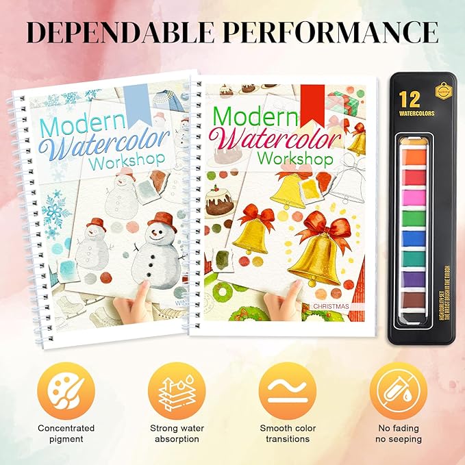 APOLYONE 2-Pack Beginner Watercolor Workbooks: 24 Coloring Pages + 12 Watercolor Paints + Brush – 300gsm/140lb Paper – Gift for Women, Adults & Beginners (Winter & Christmas)