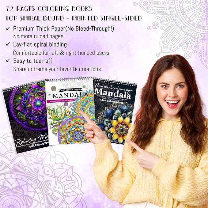 3Pcs Adult Coloring Book Spiral Bound, Mandala Coloring Book for Adult Relaxation, Original Design with 72 Patterns, Thick Paper One Sided Design, Hand-Drawn Design, Anxiety Relief Mindfulness Gifts