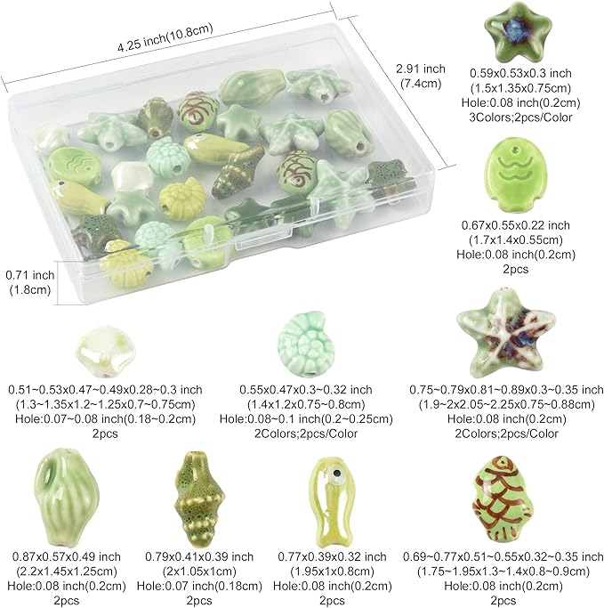 26Pcs Porcelain Ceramic Ocean Beads, 13 Styles Sea Seashell Fish Conch Starfish Porcelain Loose Spacer Beads for DIY Necklaces Bracelets Crafts Supplies