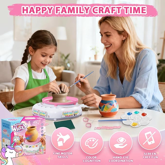 Pottery Wheel for Kids, Arts & Crafts Pottery Painting Toys Kit for Kids Ages 8-12, Unicorn Art Supplies with 3 Pack Air Dry Clay and Tools, Birthday Easter Gift for Girls Boys 6 7 8 9 10 11 12
