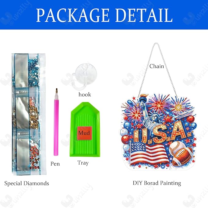 Yunzlly DIY Hanging Diamond Art Pendant Kit July 4th, Special Crystal Double Sided Diamonds Painting Ornament Kit for Adults, Acrylic Gem Painting Board for Window&Door&Wall (USA)