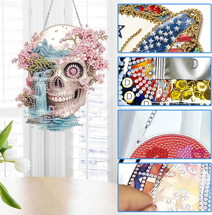 Reofrey Hanging Diamond Art Kits for Adults - 8x8 Inch Skeleton Landscape Acrylic Board Double Sided Pattern Diamond Art Suncatcher Pendant, Crystal Art for Home Wall Window Decoration Handmade Gift
