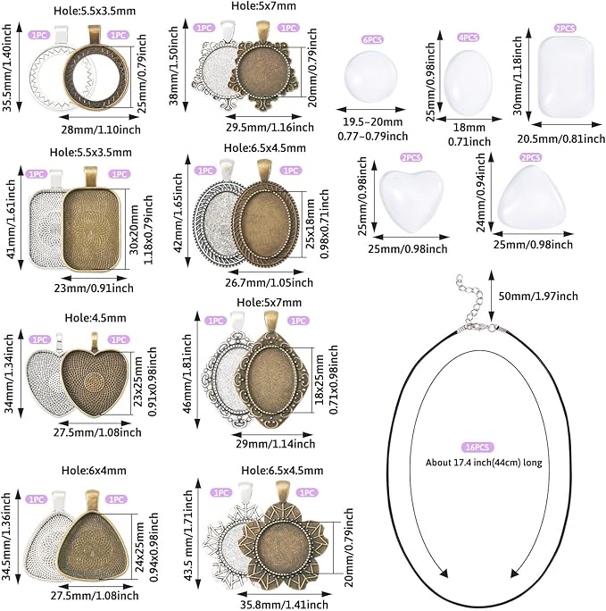 Bestewelry Pendant Trays Kit Vintage Alloy Bezel Pendant Trays Charms Set with Glass Cabochon and Adjustable Necklace Cords for DIY Crafts Jewelry Making Resin Art Party Favor