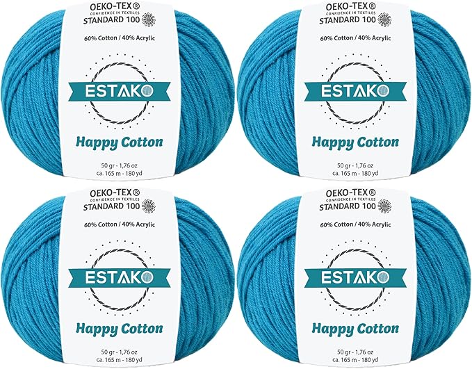 Estako Happy Cotton, (4 Skeins Pack) 60% Cotton 40% Acrylic Yarn, Soft, Fine/Sport (2) for Crochet and Knitting (4 x 1.76 Oz) / (4 x 180 Yrds) (4240 - Dark Turquoise)