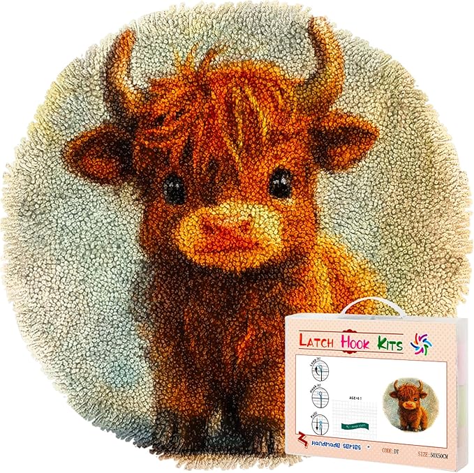 Latch Hook Rug Kit Cute Highland Cow Baby Stamped Handmade Round Shape Carpet Crochet Yarn Craft DIY Hook and Latch Door Mat Tapestry for Christmas Home Floor Decor 20x20inch(10)