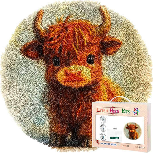 Latch Hook Rug Kit Cute Highland Cow Baby Stamped Handmade Round Shape Carpet Crochet Yarn Craft DIY Hook and Latch Door Mat Tapestry for Christmas Home Floor Decor 20x20inch(10)