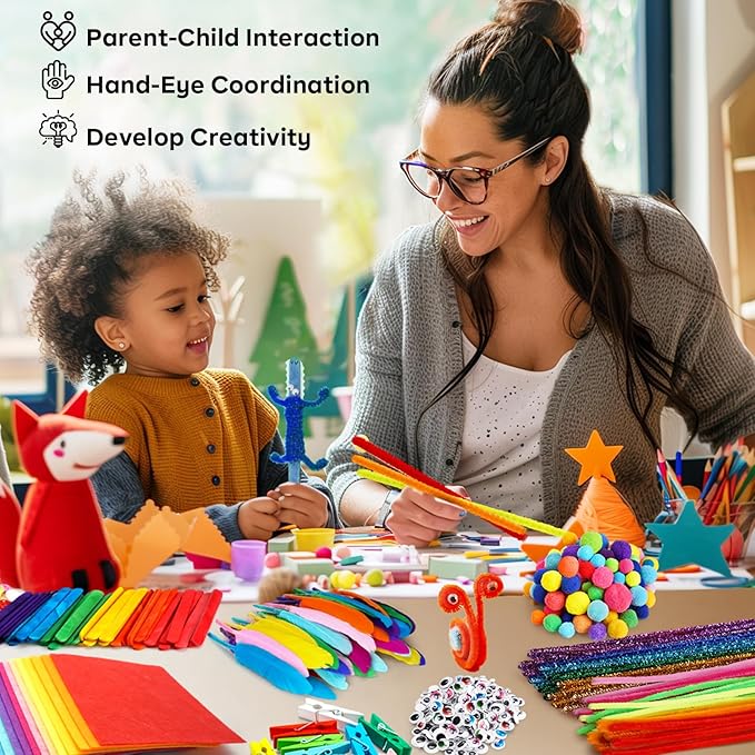 FUNZBO Easter Arts and Crafts Supplies for Kids -Kids Craft Kit with Pipe Cleaners, Popsicle Sticks, Pompoms & Stickers, All in One Homeschool Supplies, Toys Crafts for Girls Boys Age 4+