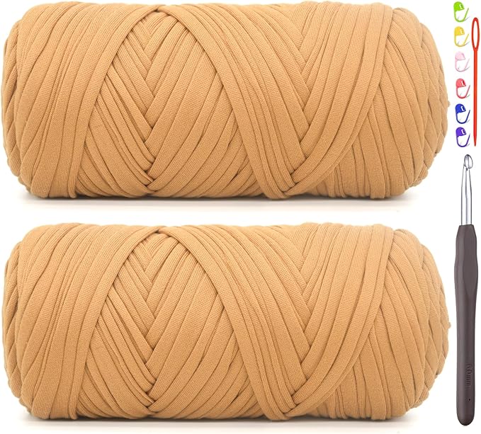 2 Pack Tshirt Yarn for Crocheting,Brown T Shirt Chunky Elastic Fabric Thick T-Shirt Crochet Yarn for Beginners Crocheting Hand Knitting Bag/Basket/Coasters/DIY Crafts/Home Decor 2*200G(Caramel Brown）