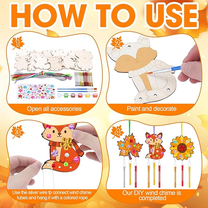 JellyArch 30 Pack Thanksgiving Wind Chime Making Kit for Adults Fall Pumpkin Leaf Animal DIY Wooden Crafts for Halloween Activity Birthday Party Decoration Gift