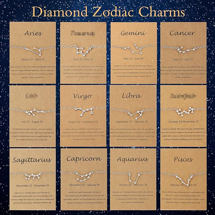 Hicarer 48 Pcs Zodiac Charms Bulk for Jewelry Necklace Bracelet Making, 4 Styles Symbol Name Diamond Alloy Zodiac Pendants Horoscope Sign with Cards