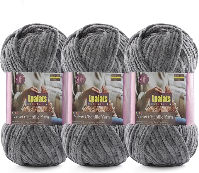 Baby Blanket Yarn for Crocheting Soft - 3 Pack of 100g/3.5oz Chunky Chenille Yarn for Knitting Blankets Amigurumi - Super Bulky Yarns - 261 Yards Thick Plush Yarns (3, Dark Grey)