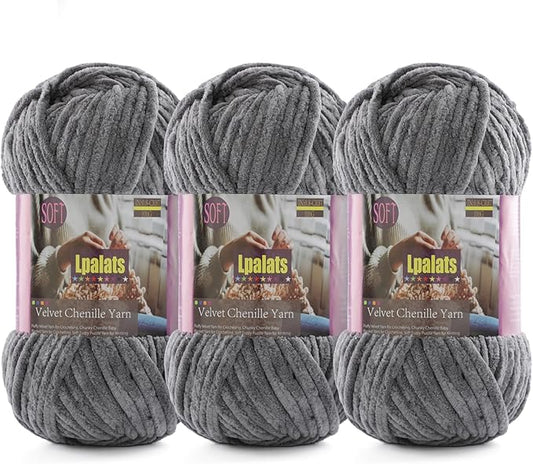 Baby Blanket Yarn for Crocheting Soft - 3 Pack of 100g/3.5oz Chunky Chenille Yarn for Knitting Blankets Amigurumi - Super Bulky Yarns - 261 Yards Thick Plush Yarns (3, Dark Grey)
