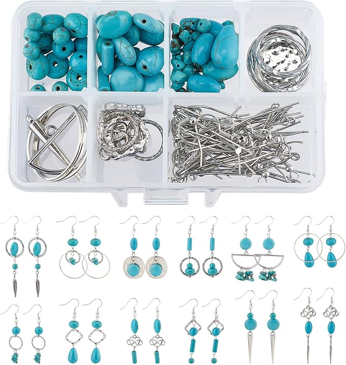 SUNNYCLUE 1 Box DIY 10 Pairs Turquoise Beads Earring Making Kit 8 Shapes Turquoise Beads Charms Hammered Feather Heart Pendants & Earring Hooks for Jewelry Craft Supplies Adults Women