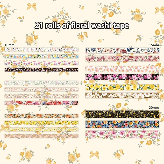 21 Rolls Yellow Floral Washi Tape Set - Retro Sunflower/Daisy/Rose Pattern Decorative Tape for Scrapbooking, Journaling, Junk Journal, Craft Supplies, Romantic Aesthetic Gift for Handmade Lovers