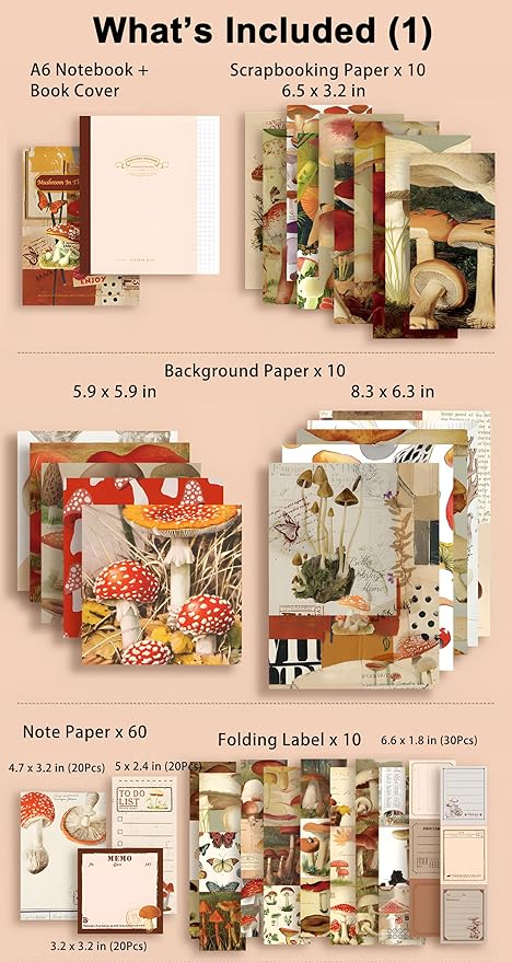 joychoic vintage journaling kit, mushroom junk journal supplies, brown scrapbooking materials, large aesthetic scrapbook collection for women, arts craft, adults daily