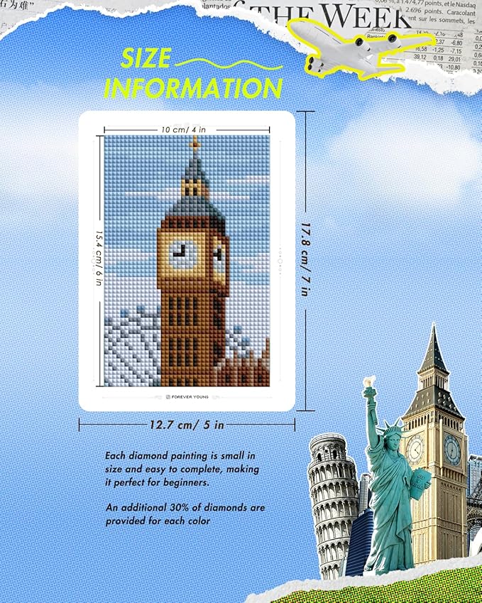 forever young Minigem Small Diamond Art Kits for Beginners, 12Pcs World-Famous Landmark Square Diamond Painting Kits for Adults, 3-Hour Postcard-Style Mini Diamond Art Kits (5x7 Inch)
