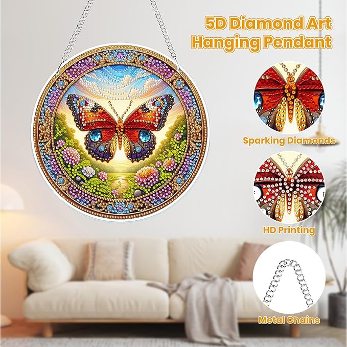 MOGTAA Butterfly Diamond Art Hanging Ornament Kits, 5D Special Shape Diamond Art Kits for Adults, Crystal Rhinestones Animal Diamond Painting Gem Art for Home Window Garden Wall Decor