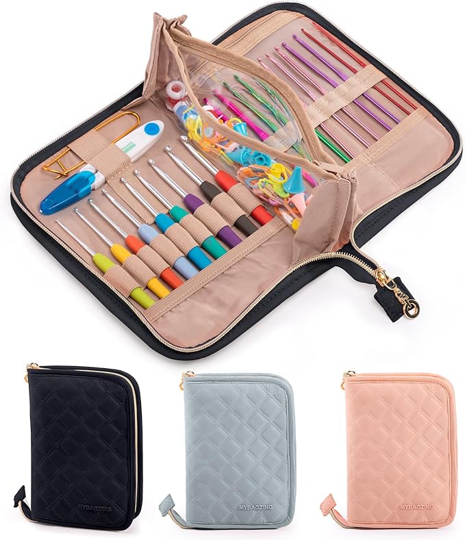 MYBAGZING Crochet Hook Case – Empty Organizer with 24 Slots for Crochet Hooks & Ergonomic Aluminum Crochet Needles, Zipper Pocket for Accessories and Supplies