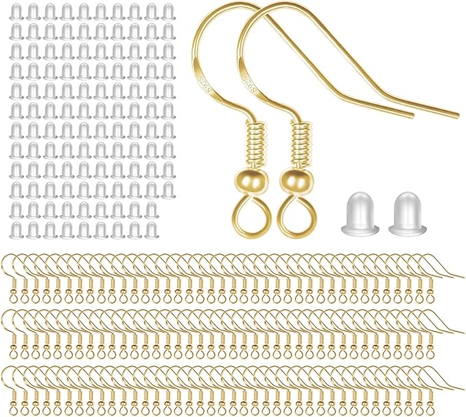 925 sterling gold earring hooks 120 pcs/60 pairs, ear wires fish hooks, hypo-allergenic jewelry findings parts with 120 pcs clear silicone earring backs stoppers