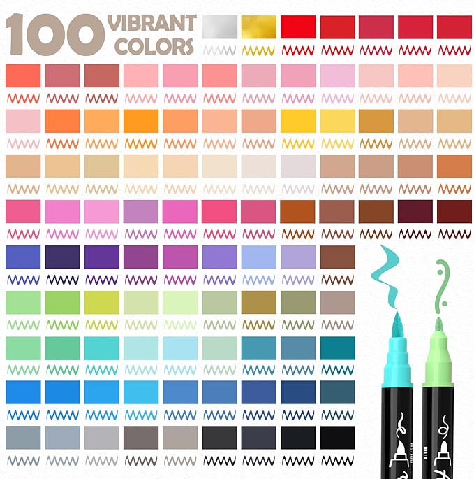 100 Colors Acrylic Paint Markers Waterproof Dual Tip Acrylic Paint Pens with Brush & Fine Tip Professional Marker Set Scrapbook Markers for Paper Rock Wood Fabric Glass Ceramic and DIY Crafts