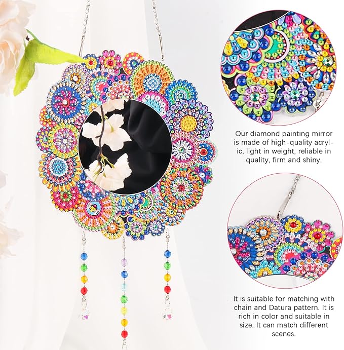 2Pcs DIY Diamond Painting Mirror, Moon Mandala Makeup Mirror, Special Shaped Crystal Suncatcher for Beginner Arts Crafts Gifts Home Decor (10x10 Inch)