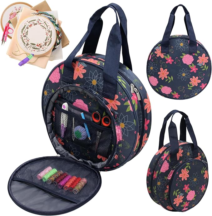 Floral Embroidery Project Bag, 13x13x3 Inch Round Cross Stitch Storage Bag, Portable Embroidery Organizer for Hoops Floss Thread Knitting Tools, Craft Gift for DIY Enthusiasts (Blue)