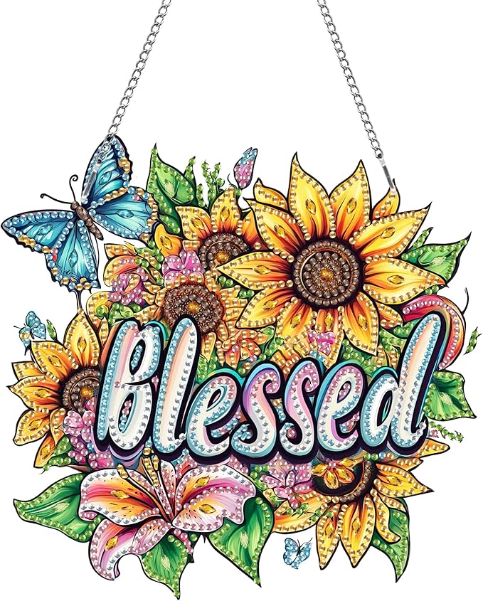 Kaliosy Sun Catcher Blessed Window Hanging - Outdoor Porch Decor, Flowers-Themed Diamond Art Ornament, Acrylic Board Diamond Painting for Wall Home Garden, Front Door Sign, Indoor Decor 8x8 inch