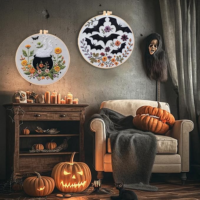 Floral Witch Hat Embroidery Kit Halloween Cross Stitch Material Set with Bat Skull Flower Pumpkin Patterns, DIY Hand Needlepoint Embroidery Craft Kit for Beginners Professional (Floral Cauldron B)