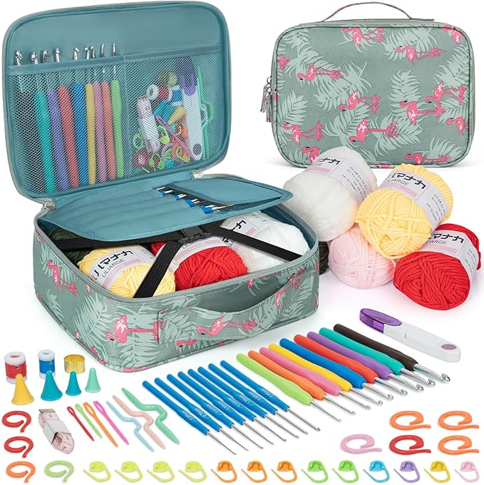 GMAK Crochet Kit for Beginners Adults, 59 PCS Crocheting Sets Include Yarn, Hooks and Tools, Portable Crochet Starter Kit for Making Variety Projects Crocheting Supplies, Blue Flamingo