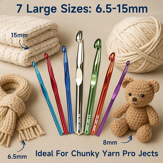 7PCS Ergonomic Crochet Hooks Set, Jumbo Ergonomic Metal Crochet Needles (6.5-15mm), Crochet Hook Set for Chunky Yarn, Blankets, Rugs, Crochet Hooks for Beginners & Adults