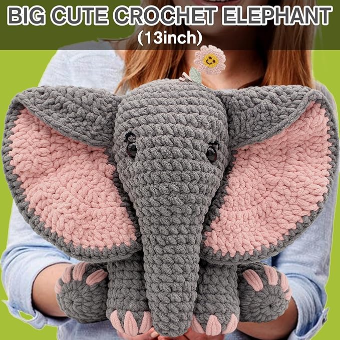 codgp crochet kit for beginners,13in crochet animal kit elephant,crochet starter kit gift for adults kids with yarn sets,amigurumi crochet kit with step-by-step video tutorials