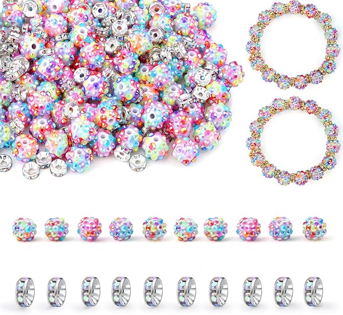LAIDANLA 250pcs 12mm Colorful Rhinestone Beads and 8mm Rondelle Spacer Beads for Beadable Pens, Sparkly Shamballa Disco Ball Bead for Jewelry Making Bracelets Necklaces Earring DIY Craft
