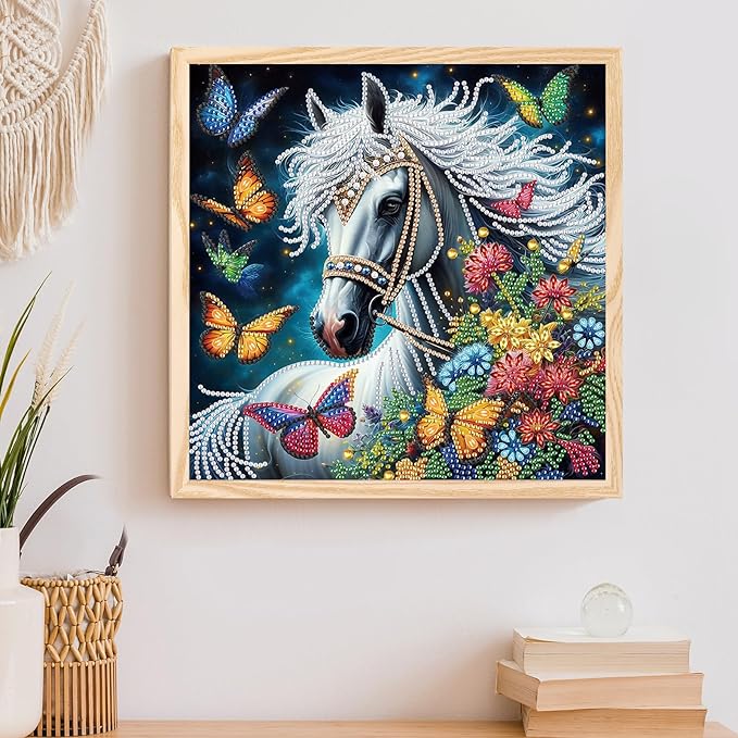 5D Special Shape Diamond Art Kits for Beginners, Diamond Art Painting Kits for Adults, Crystal Rhinestones Diamond Art Painting for Home Wall Decoration Gift 12×12 inch, White Horse Butterfly