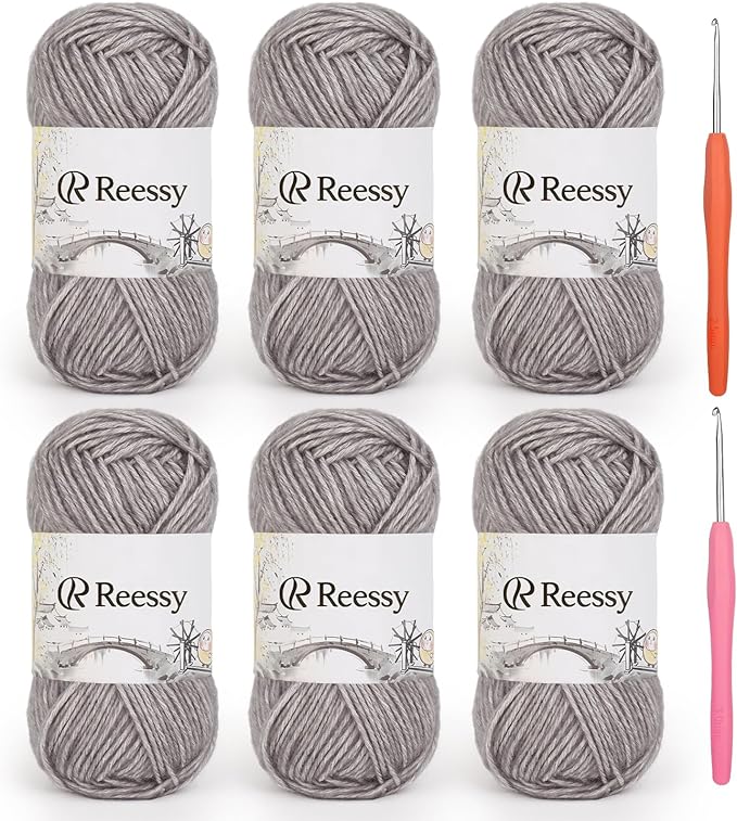Cotton Yarn for Crocheting - 6 Pack of 50g/1.76oz–78% Cotton, 22% Acrylic – Soft Sport Weight Crochet Yarn (CYC #2), Brushed Air Yarn for Baby Projects, Granny Squares & Plush Toys（Gray）